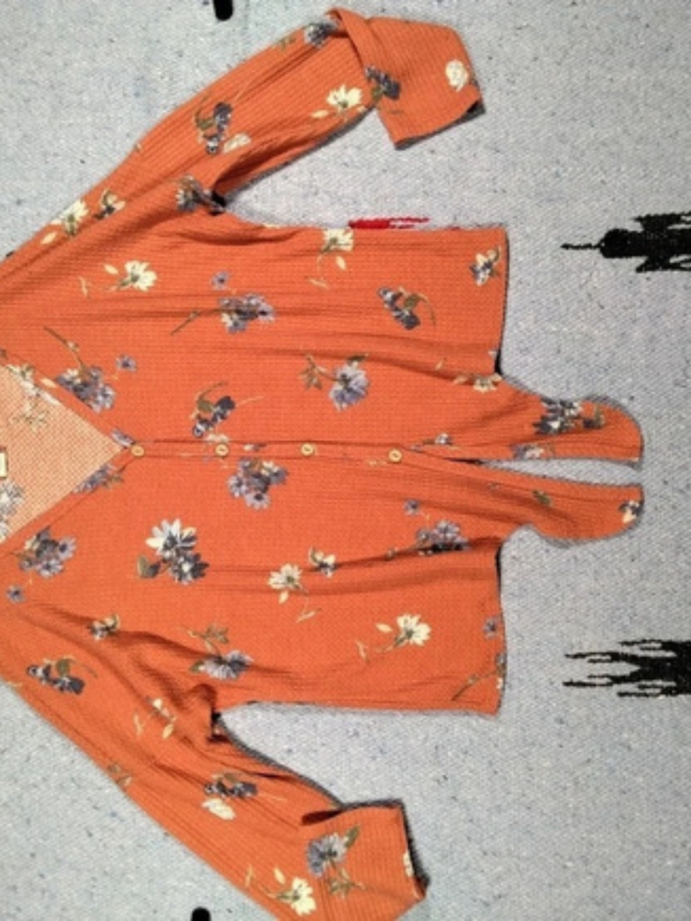 Paper Crane Orange Floral Waffle Knit V-Neck Button Front Cardigan Women’s L
